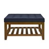Zeus & Ruta Tufted Linen Large Square Ottoman with Beech Wood Shelf and Frame, Navy Blue - 3 of 4