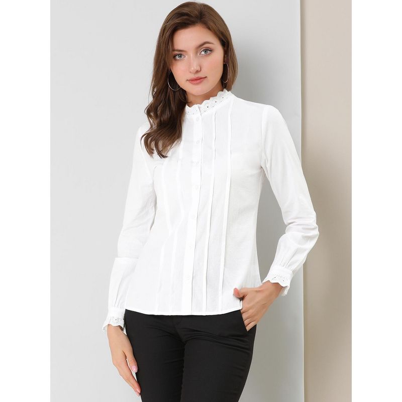 Allegra K Women's Mock Neck Blouse Ruffle Work Office Cotton Pleated Button Up Shirt, 3 of 7