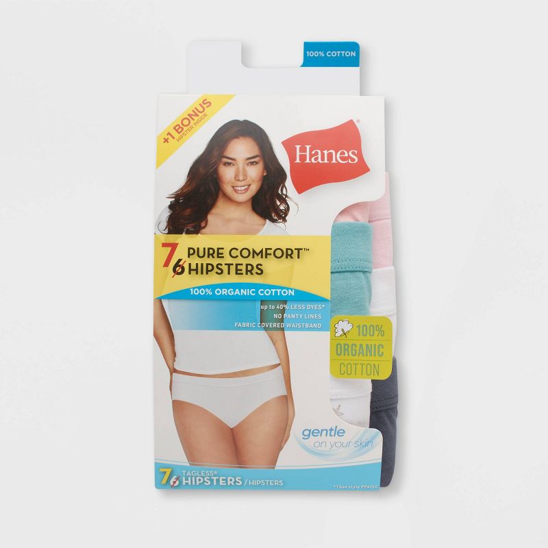 Hanes Women's 6+1 Bonus Pack Pure Comfort Organic Cotton Hipster Underwear - Colors May Vary , 2 of 5
