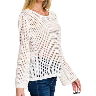 Women's Hollow Out Crochet Pullover Sweater - ZENANA