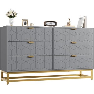 Dresser for Bedroom, 53.5" Large Dresser Organizer, 6 Drawer with Golden Metal Handle and Legs, Modern Chest of Drawers, Grey Dressers with Drawers - 1 of 4