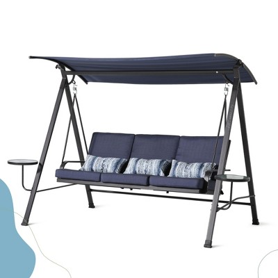 NicBex 3-Seat Outdoor Patio Swing Chair with Cushion,3 Lumbar Pillows and Adjustable Canopy for Patio Bedroom Porch Garden,Blue