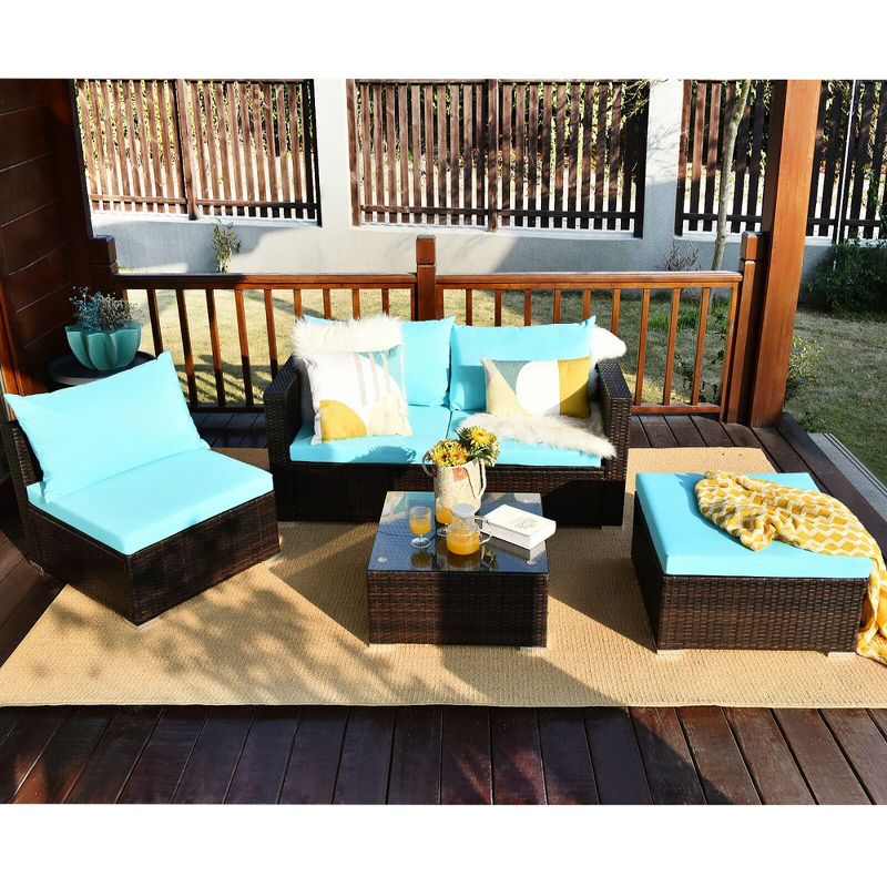 5PCS Patio Rattan Furniture Set Sectional Conversation Sofa w/ Coffee Table Red\ Navy, 4 of 11