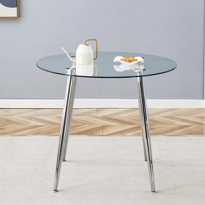 Vynxaria 36" Round Dining Table with Glass Top, Silver Metal Legs, Exquisite Texture for Home