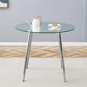 Vynxaria 36" Round Dining Table with Glass Top, Silver Metal Legs, Exquisite Texture for Home - 1 of 4
