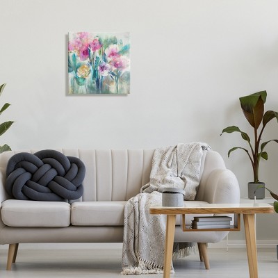 Delicate Rainy Flowers Pink Peonies Abstract Canvas Wall Art, 17 x 17