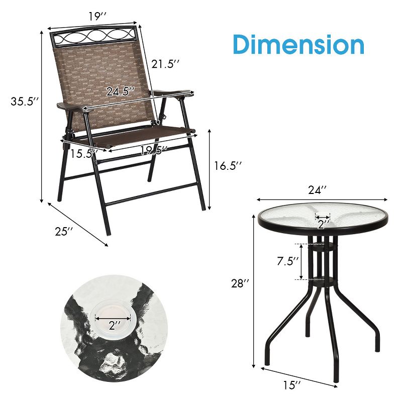 Tangkula 3PCS Patio Folding Dining Set for Backyard Garden Pool with 2 Patio Chairs and Table, 3 of 11