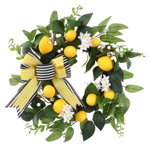 Artificial Lemon Wreath, 20 Inch Fake Spring Summer Eucalyptus Home Decor Wreath with Bowknot for Front Door Wedding Party Indoor Outdoor Decoration - 1 of 4