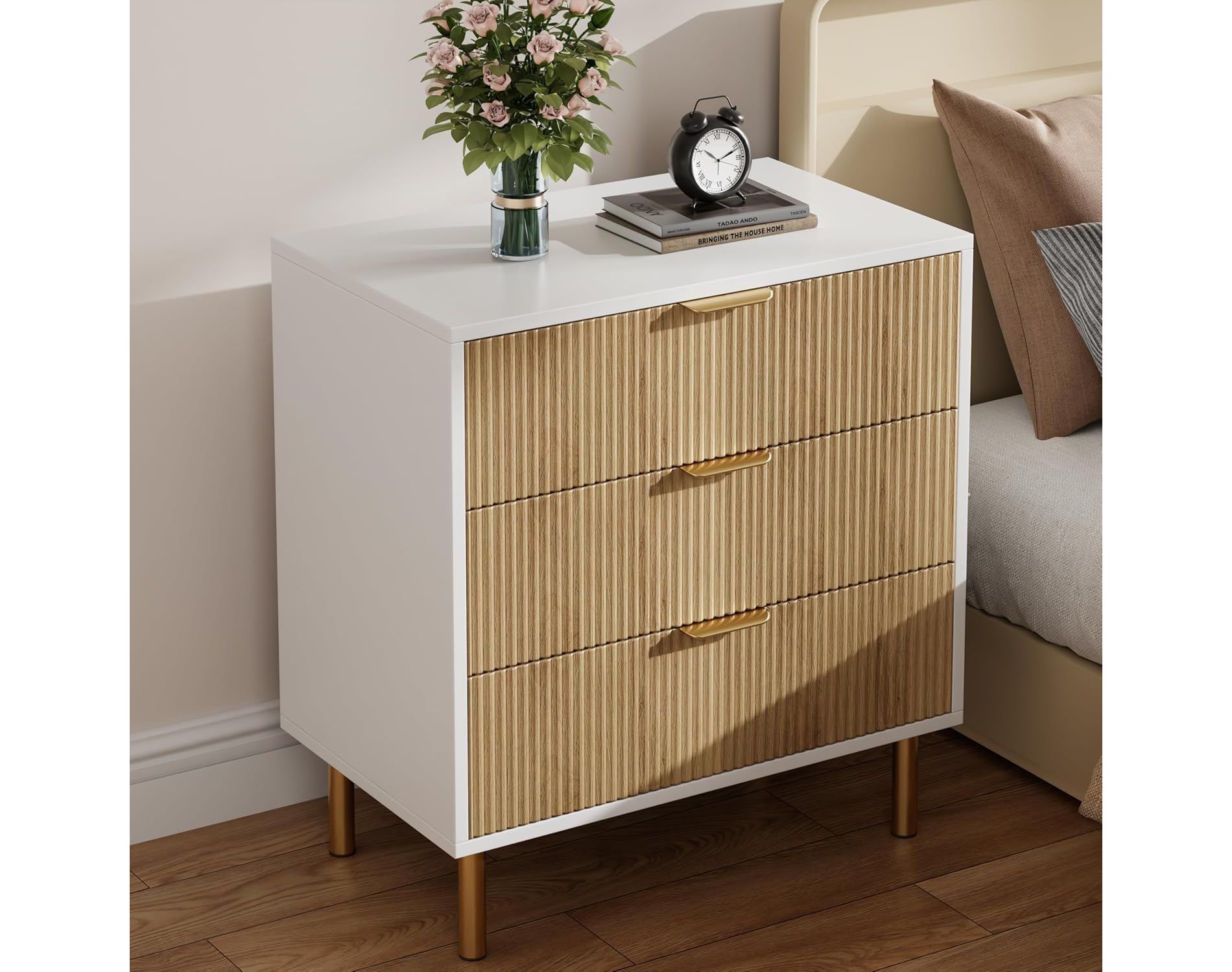 3 Drawer Dresser for Bedroom, Nightstand Chest of Drawers, Modern Storage Dresser Organizer with Gold Metal Handles & Anti-Tipping Device, White