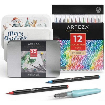 Arteza DIY Postcard Set with 30 Postcards and 12 Real Brush Tip Artist Brush Pens Bundle (ARTZ-BNDL105)