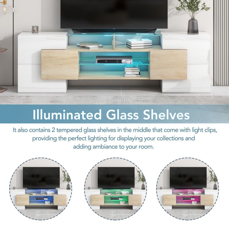 Versatile TV Stand for TVs up to 80" with 2 Lighted Glass Shelves and LED Color Changing Lights - ModernLuxe, 5 of 13