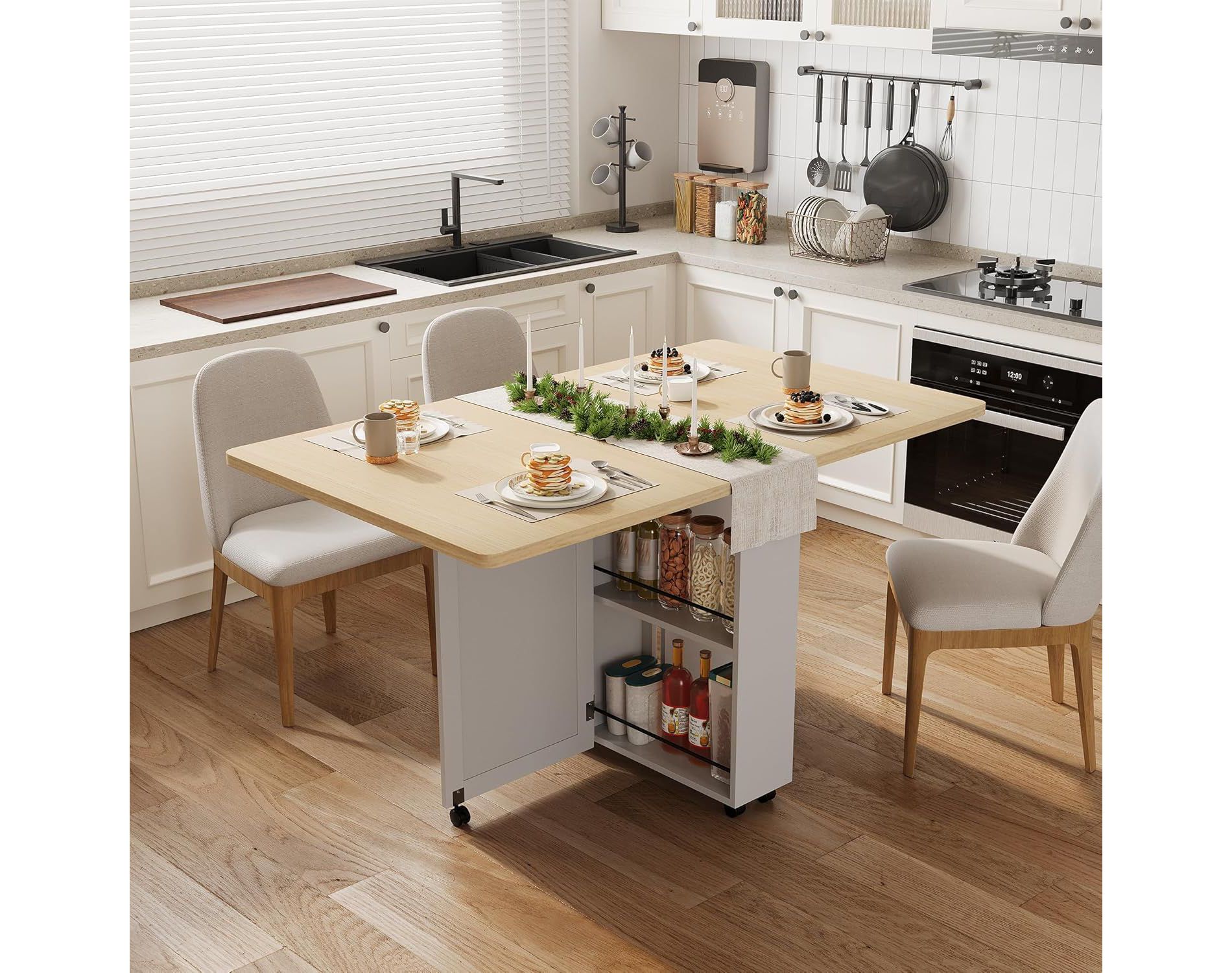 Acekool 52.7" Folding Dining Table, Expandable Drop Leaf, Storage Drawer, Shelves, Wheels, Multi-Functional for Small Spaces, White
