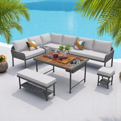 6-Piece Outdoor Modular Patio Furniture Set with Rope Weave Sofas,Table with Ice Box, Thick Cushions, Adjustable Feet