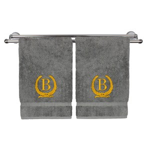 BC BARE COTTON Monogrammed Hand Towel, 100% Turkish Cotton - Set of 2 - Gray - Gold Wreath - 1 of 4
