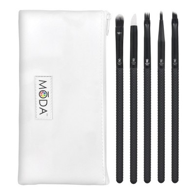 MŌDA® Brush Pro 6pc Graphic Eye Black Makeup Brush Set with Zip Case, Includes - Concealer, Glam Topper, Wisp, and Angled Liner Brushes