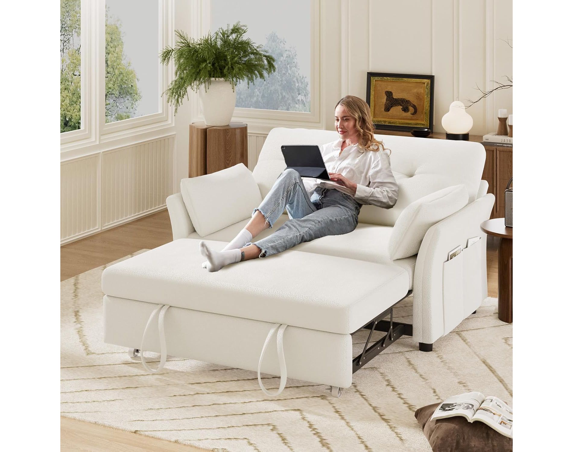 Vipbear 3-in-1 Convertible Sofa Bed, Pull Out Sleeper Sofa with Side Pocket & Adjustable Backrest, Tool-Free Assembly, Folding Loveseat