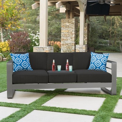 Outdoor Sectional Sofa Set, 3 Seater Sofa, Metal Sofa with Aluminum Frame and Gray Thick PE Cushions, Water-Resistant Sofa-Coolbibila