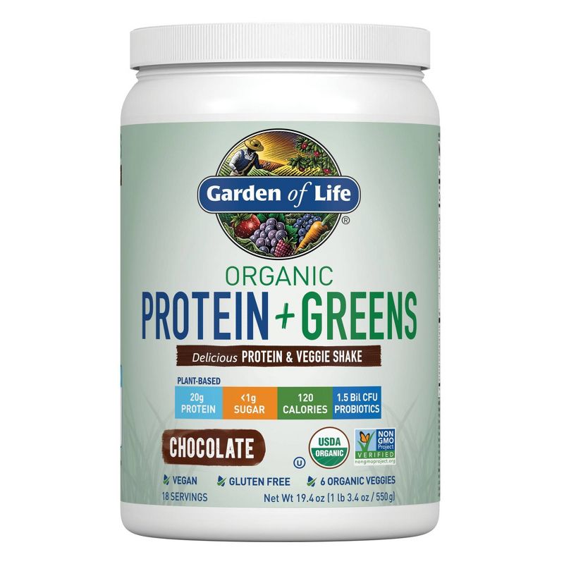 Garden of Life Organic Vegan Protein + Greens Plant Based Shake Mix - Chocolate - 19.4oz, 1 of 11