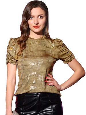 INSPIRE CHIC Women's Glitter Puff Sleeve Round Neck Stretch Casual Pullover Shiny Tops