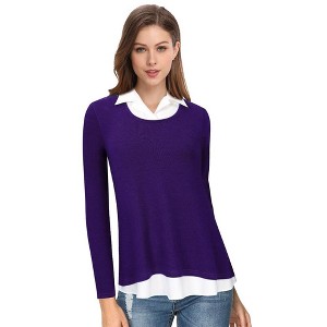 Women's Long Sleeve Contrast Collared Shirts Patchwork Work Blouse Tunics Tops Long Sleeve Purple XL - 1 of 4