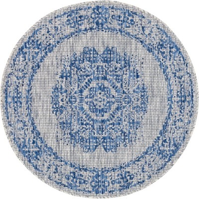 Azure Blue Round Stain-Resistant Outdoor Area Rug