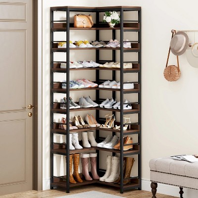 Hommoo 9 Tiers Freestanding Corner Shoe Rack Rustic Brown