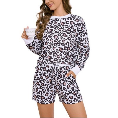 Image of Womens Pajama Sets Crew Neck Soft Sweatshirts Tops Comfy Pajama with Pocket Long Sleeve Tops Drastring Pajama Shorts Lounge Sets - Leopard,XL
