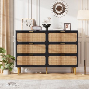WhizMax 6 Drawer Dresser Mid-Century Modern Storage Cabinet with Rattan Fronts - 1 of 4