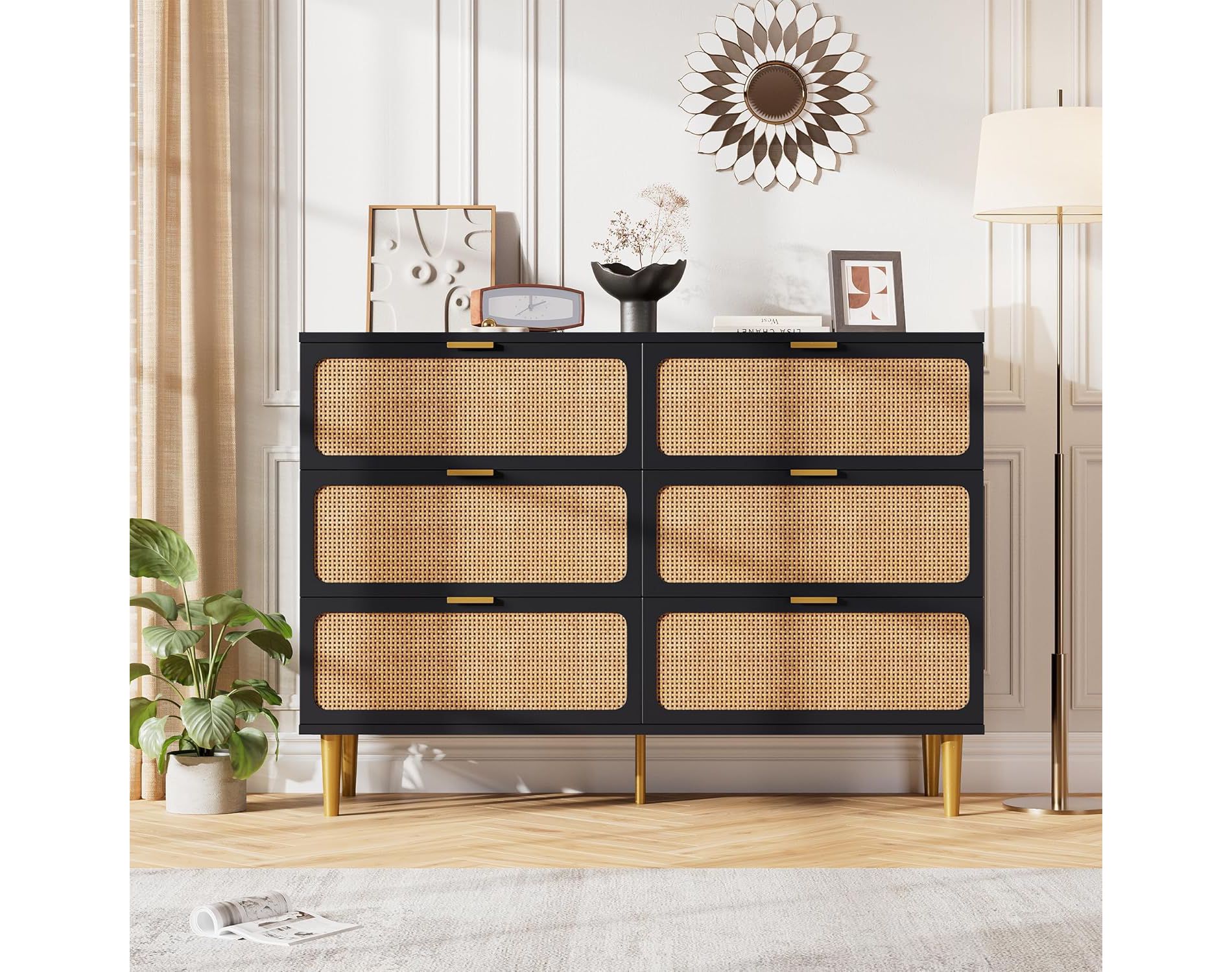 Rattan 6 Drawer Dressers for Bedroom, Large Double Dresser with Deep Drawers, Chest of Drawers for Closet with Wide Top, Long Wooden Dresser