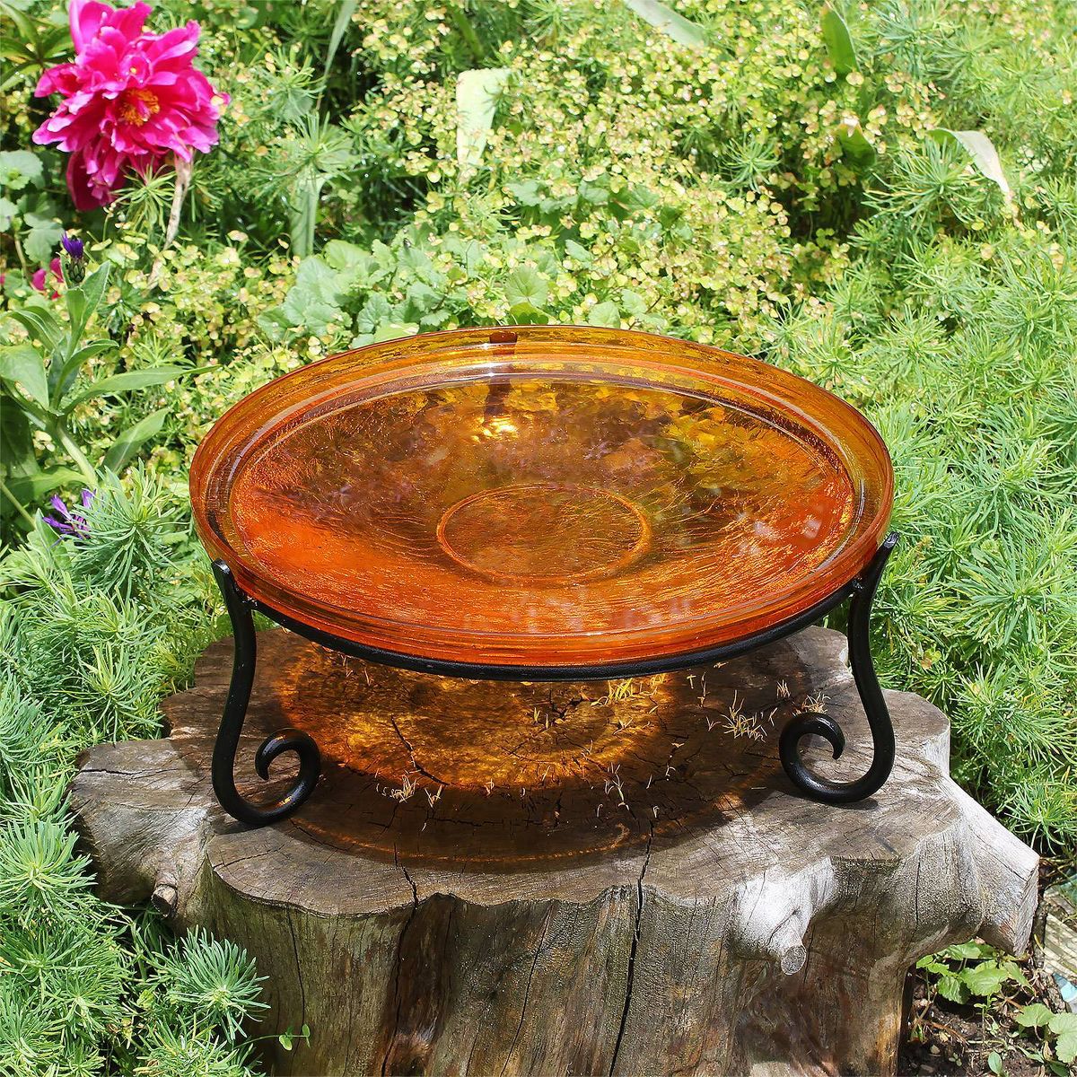 6" Reflective Crackle Glass Birdbath Bowl with Short Stand II Mandarin Orange - Achla Designs: Weather-Resistant, Freestanding - thumbnail 2