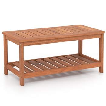 Tangkula Patio Hardwood Coffee Table 2-Tier Wooden Coffee Table with Slatted Tabletop & Storage Shelf Outdoor Rectangular Cocktail Table