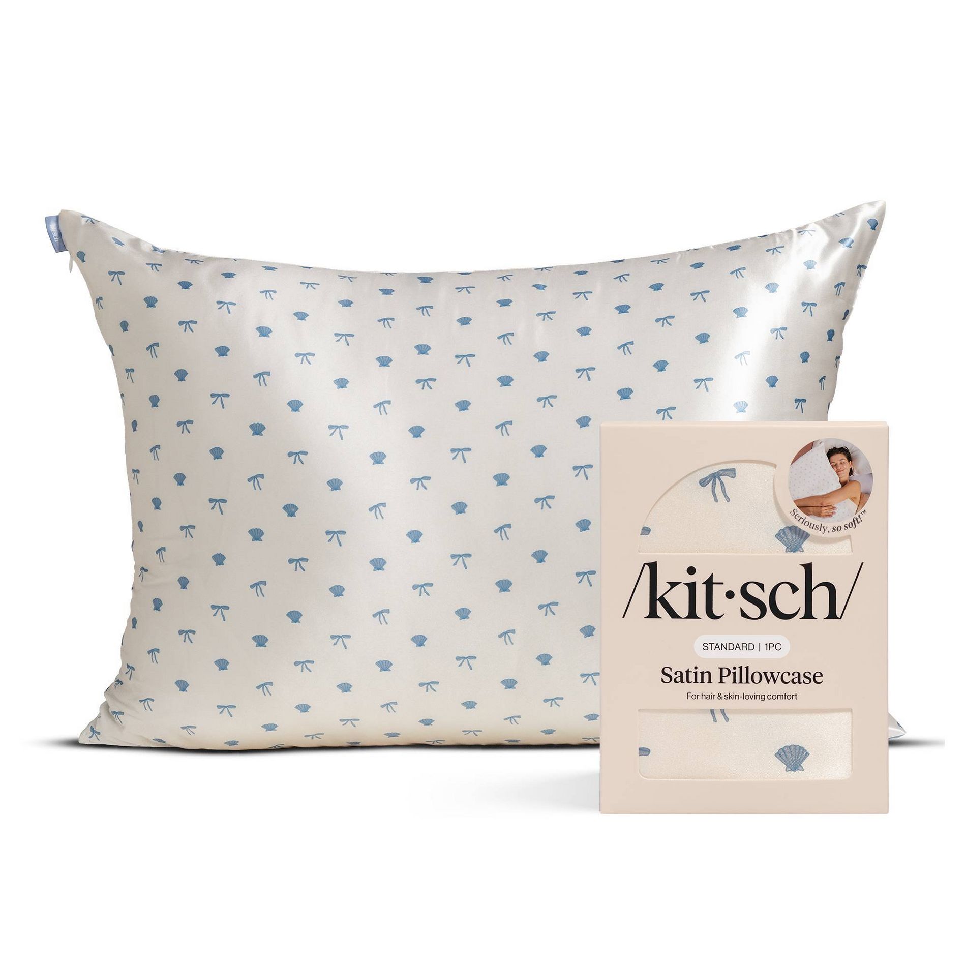 Kitsch Standard Satin Pillowcase -Pearlized Cream & Coastal Blue Print