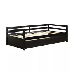 Costway Twin Size Trundle Daybed Wooden Slat Support Mattress Platform for Kids Espresso