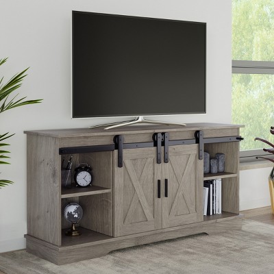 Lavish Home 65-inch TV Stand with Media Console Shelves, Cable Management, and Sliding X-Style Barn Doors, Gray Woodgrain