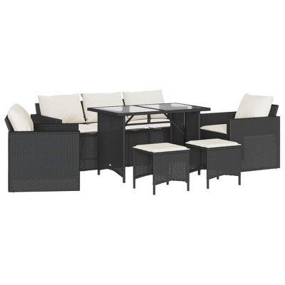 vidaXL Patio Sofa Set with Cushions Table and Modular Sofas 6 Piece Poly Rattan - Black and Cream Glass