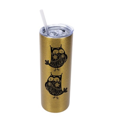Elanze Designs Garden of Flowers Owl 20 Ounce Double-Walled Stainless Steel Insulated Slim Travel Tumbler with Lid and Straw, Vegas Gold