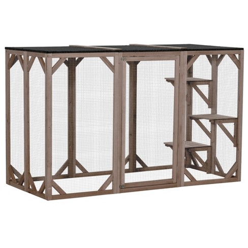 Pawhut Wooden Outdoor Cat House Catio Kitten Enclosure Indoor Cage