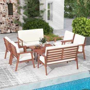 Costway 8 PCS Patio Conversation Set Acacia Wood Sofa Coffee Table with Cushioned Seat Grey/White