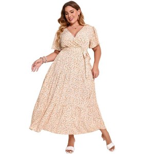 Garvee Women Plus Size V Neck Wrap Maxi Dress High Waist Ruffle Summer Casual Dress with Belt Short Sleeve,Apricot bottom flowers,4XL - 1 of 4