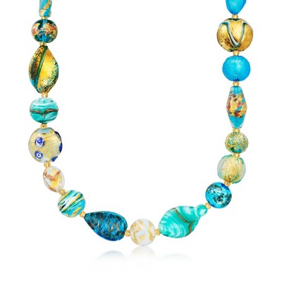 Ross-Simons Italian Blue, Green and Golden Murano Glass Bead Necklace in 18kt Gold Over Sterling