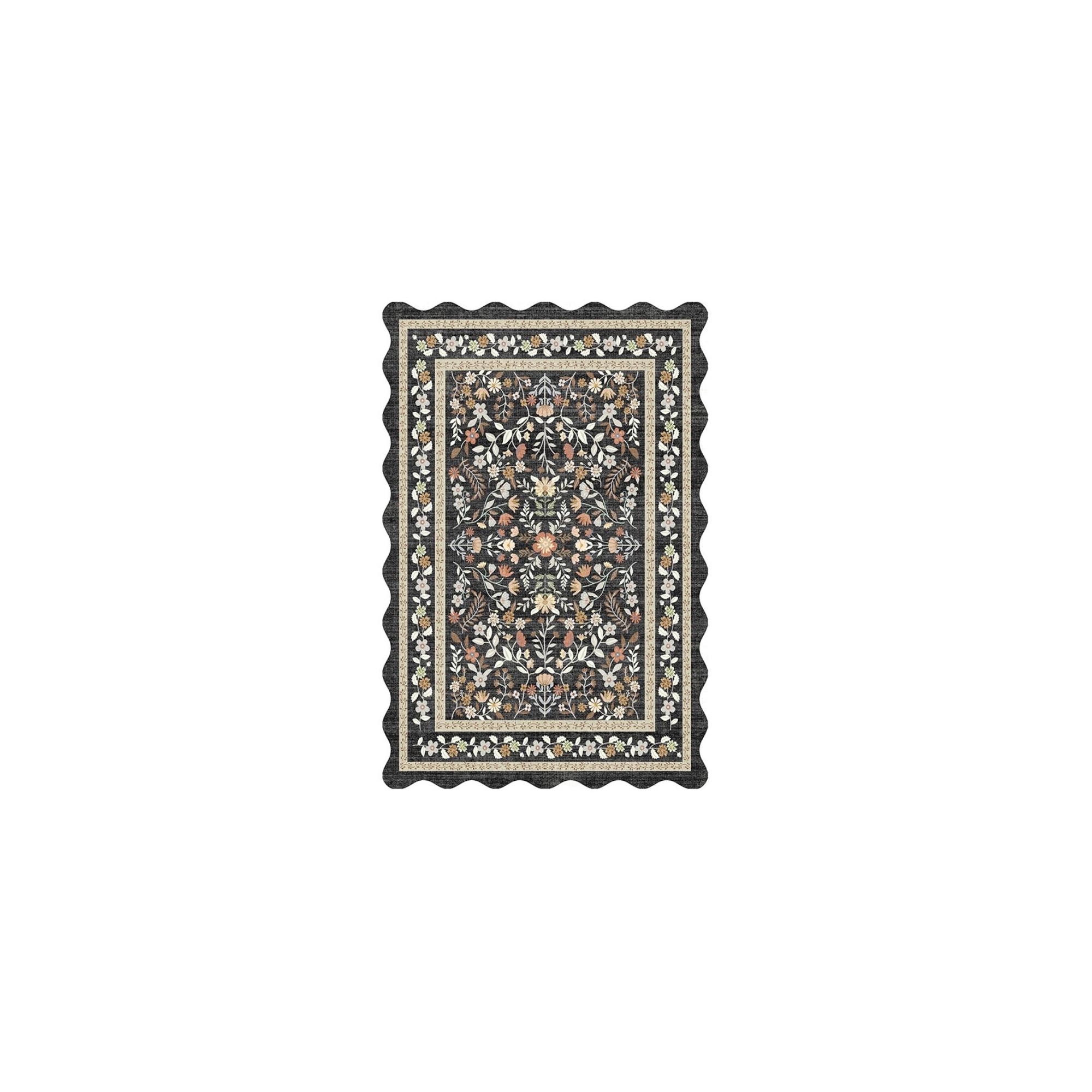 Fulvari 10x13 Washable Area Rug Non Slip Low Pile Boho Floral Small Carpet for Bedroom, Bedside, Kitchen, Entryway, Kids Room, Office Black