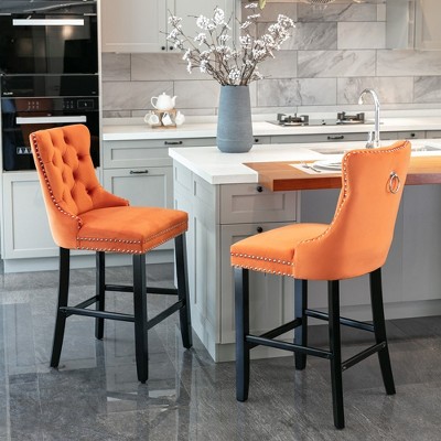 41.30"Contemporary Velvet Upholstered Barstools with Button Tufted Decoration and Wooden Legs, , Set of 2,Beige