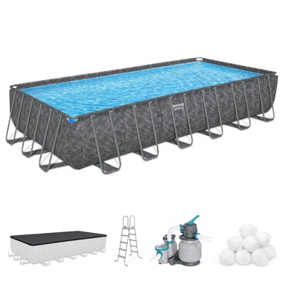 Bestway APX 365 24' x 12' x 52" Rectangular Above Ground Swimming Pool Outdoor Framed Pool, with Sand Filter Pump, Ladder, Cover, and Repair Patch