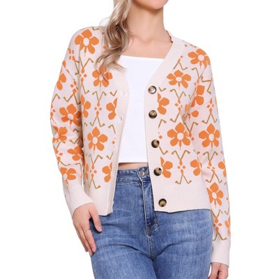 INSPIRE CHIC Women's Floral Print V Neck Button Down Long Sleeve Knit Sweater
