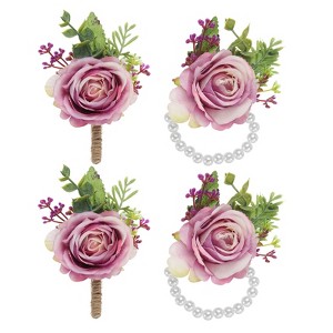 Unique Bargains Rose Wrist Corsage and Boutonnieres Fabric Adjustable Artificial Flowers 4 Pcs - 1 of 4