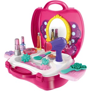 JuzToys 20pcs Kids Pretend Makeup Playset – Beauty Hair Salon Toy Set Including Makeup Box, Cosmetic, Hair Dryer, Comb – Pink - 1 of 4