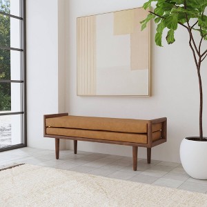 HomePop Wood Bench with Upholstered Seat Faux Leather Caramel: Rectangle Ottoman, Entryway Seating, Polyester & Viscose - 1 of 4