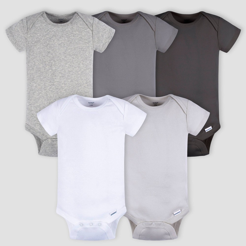 (5-8 Lbs  Size 0-3M) Gerber Baby 5pk  Short Sleeve Onesies - White/Gray/Black Newborn