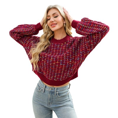 Women's Rainbow Stitching Drop Sleeve Cropped Sweater -Cupshe