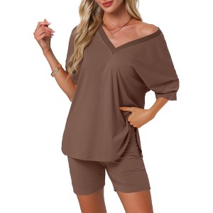 INSPIRE CHIC Women's Oversized V Neck Workout Tracksuit T-Shirts Tops with Biker Shorts Pajamas Lounge Set 2 Pcs - 1 of 4